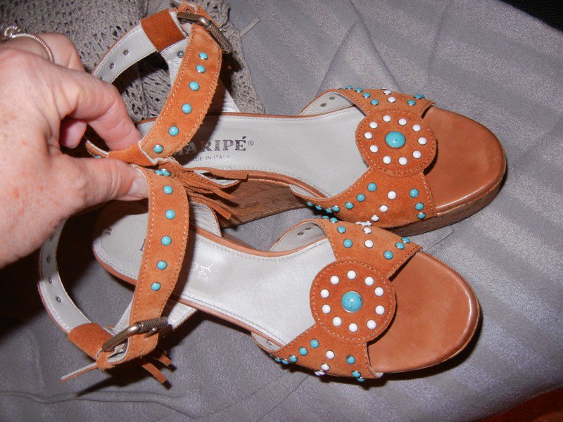 Maripe Wildleder Pumps Sandalen Gr. 38 neu braun türkis Plateausohle Wedges