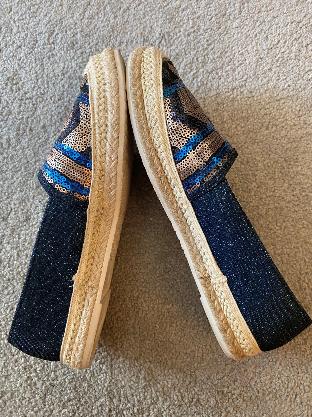 Espandrillos Pailetten + Glitzerstoff -  dunkelblau, türkis, gold – Größe 38, selten getragen