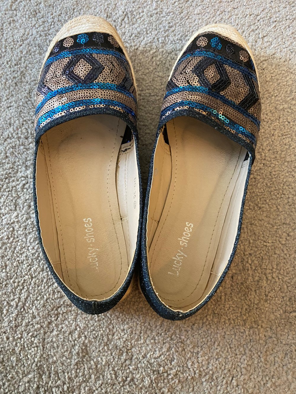 Espandrillos Pailetten + Glitzerstoff -  dunkelblau, türkis, gold – Größe 38, selten getragen