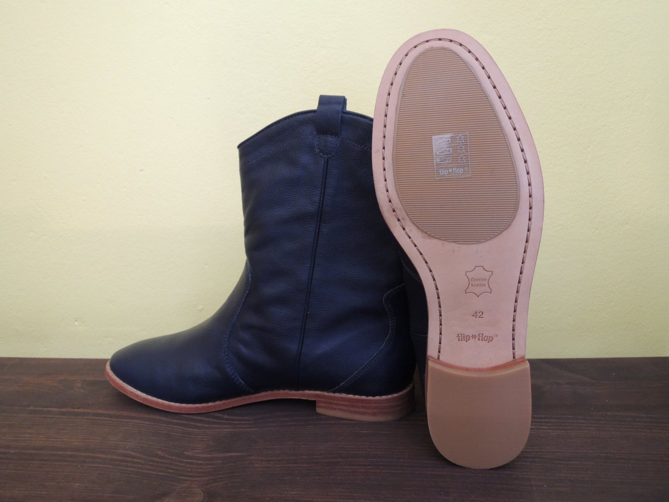 Flip Flop Stiefelette Leder dunkelblau Gr. 42, Ankle Boot neu, schmal