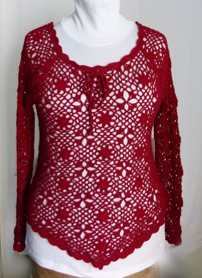 Häkel Tunika Pullover, weinrot, crochet, Gothic Boho Mori Goa Festival Elfen Lagenlook Floral