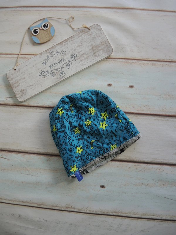 Jersey Beanie/Mütze wendbar türkis / grau mit Skull Skater Motiven Gr.110-128 Handmade