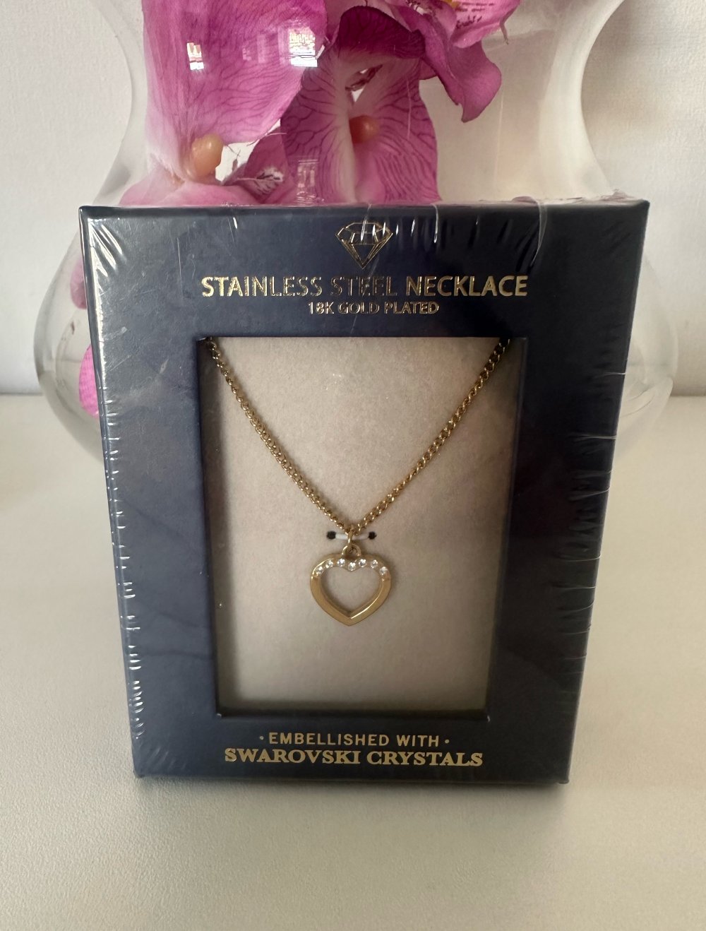 Edelstahl Kette mit Swarovski Kristallen gold Herz Neu