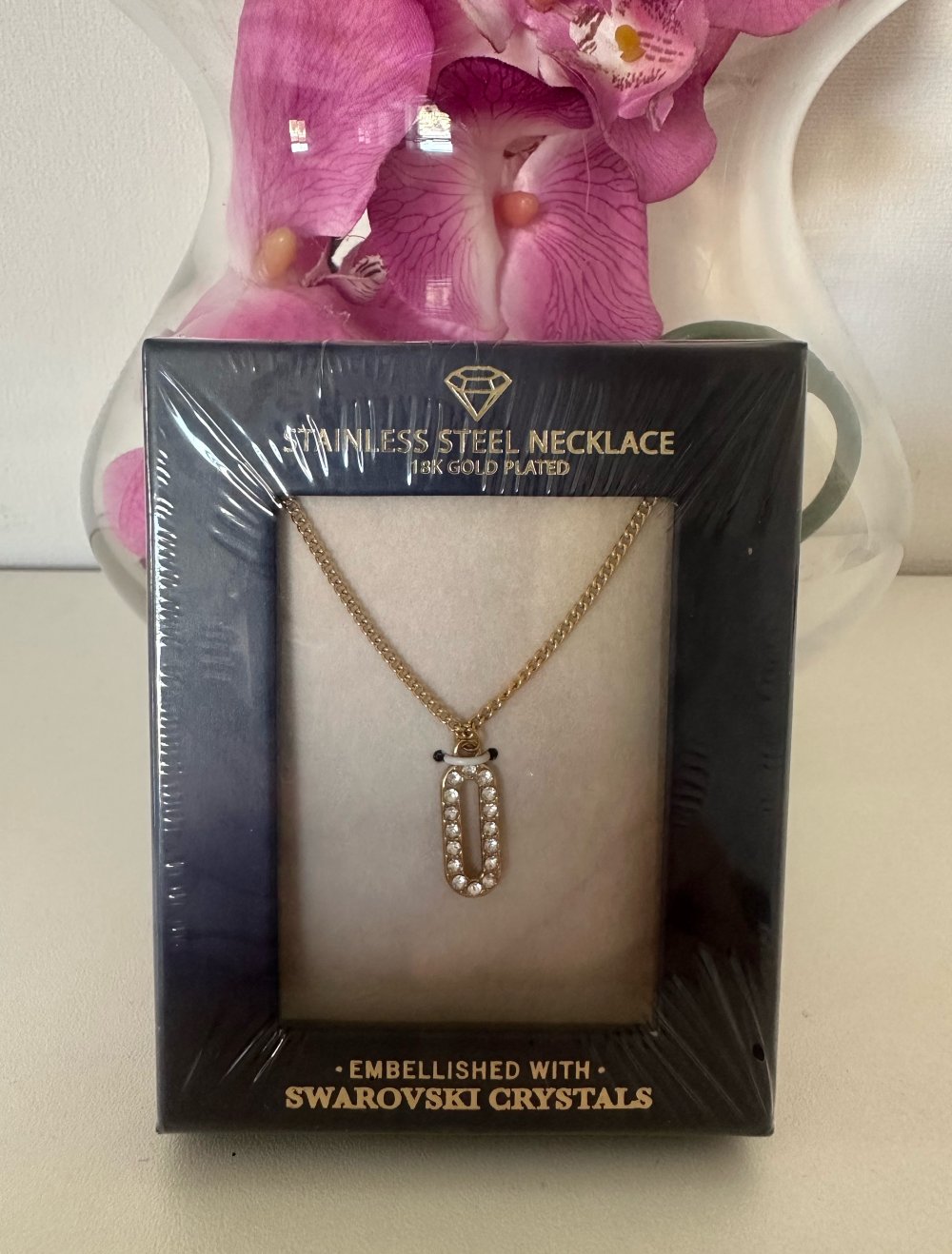 Edelstahl Kette mit Swarovski Kristallen gold Neu Valentinstag