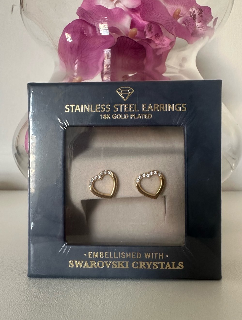 Edelstahl Ohrringe Herz mit Swarovski Kristallen Gold Neu