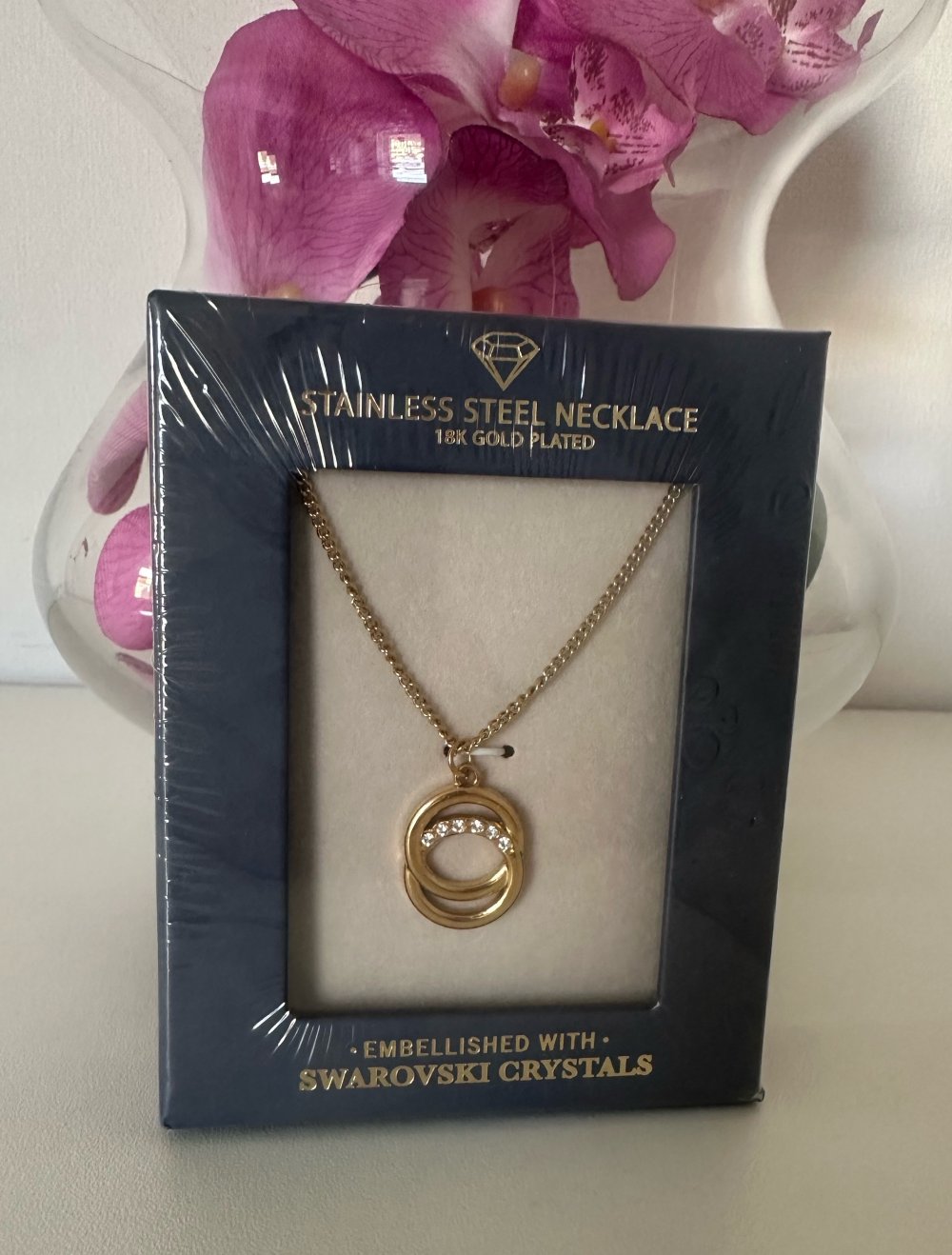Edelstahl Kette mit Swarovski Kristallen Gold Neu