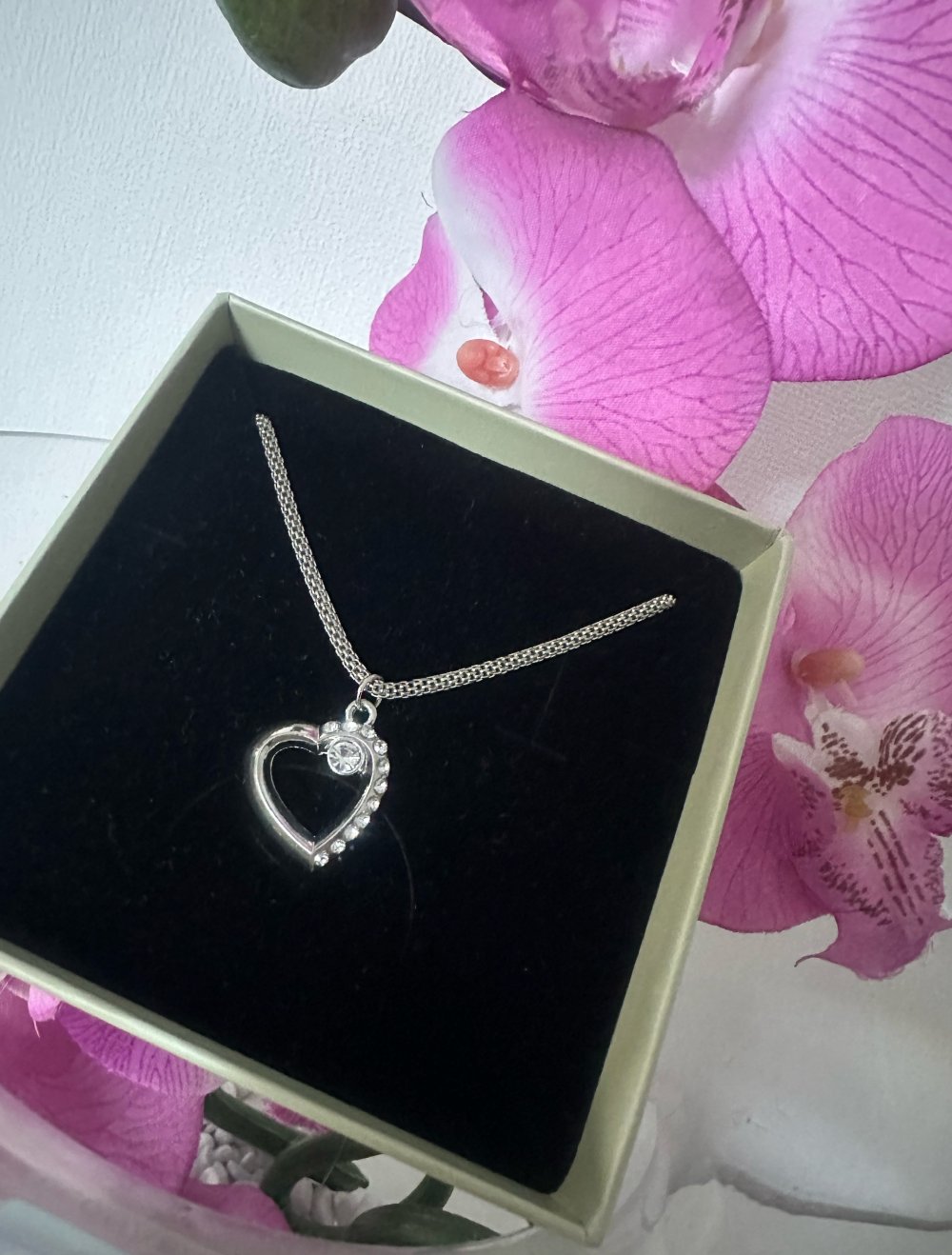Edelstahl Herz Kette mit Zirkonia Silber Neu Valentinstag