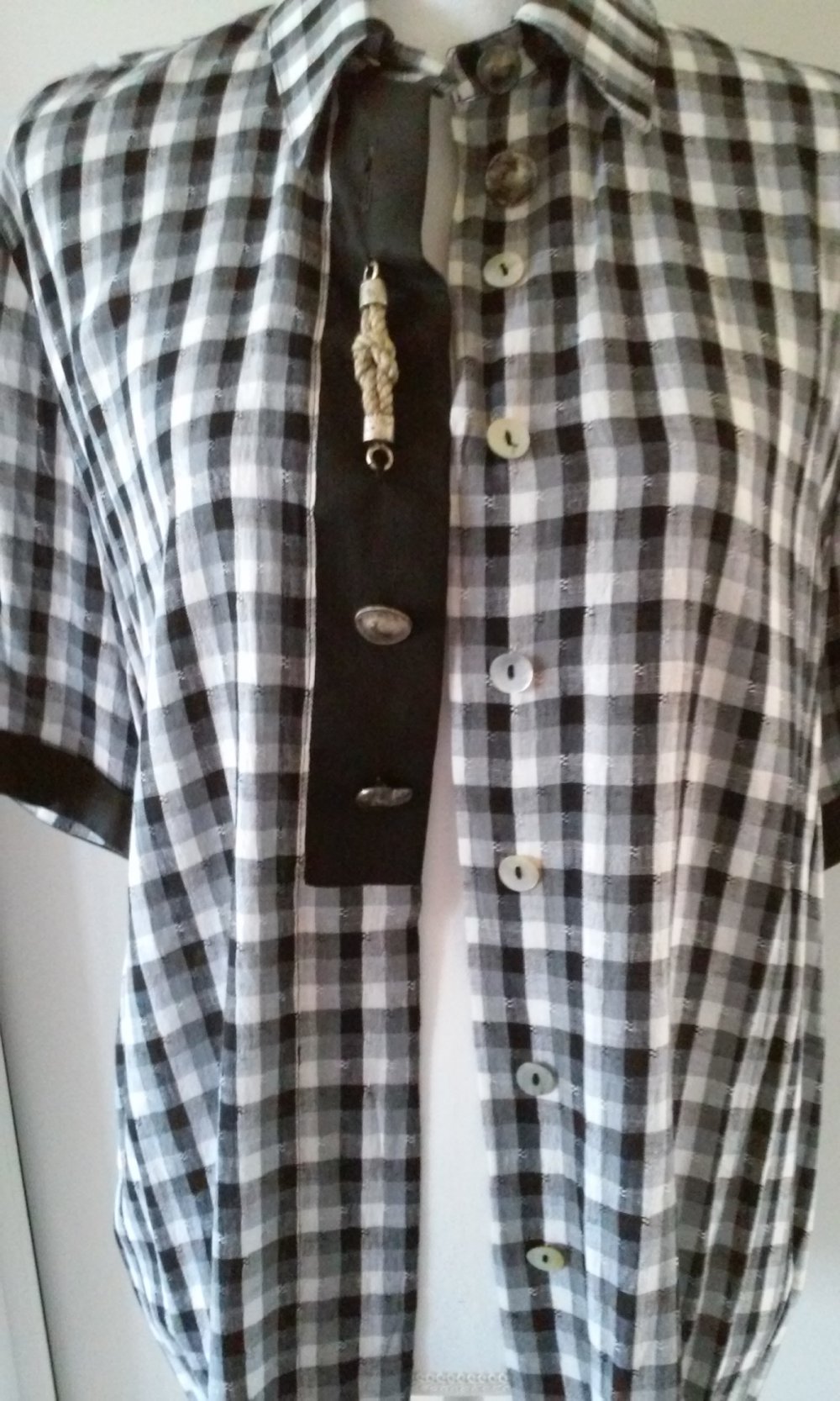 Bluse Western -Cowboy -Stil hochwertig,kurzärmlig schwarz/weiß kariert Landhausstil (Oktoberfest)