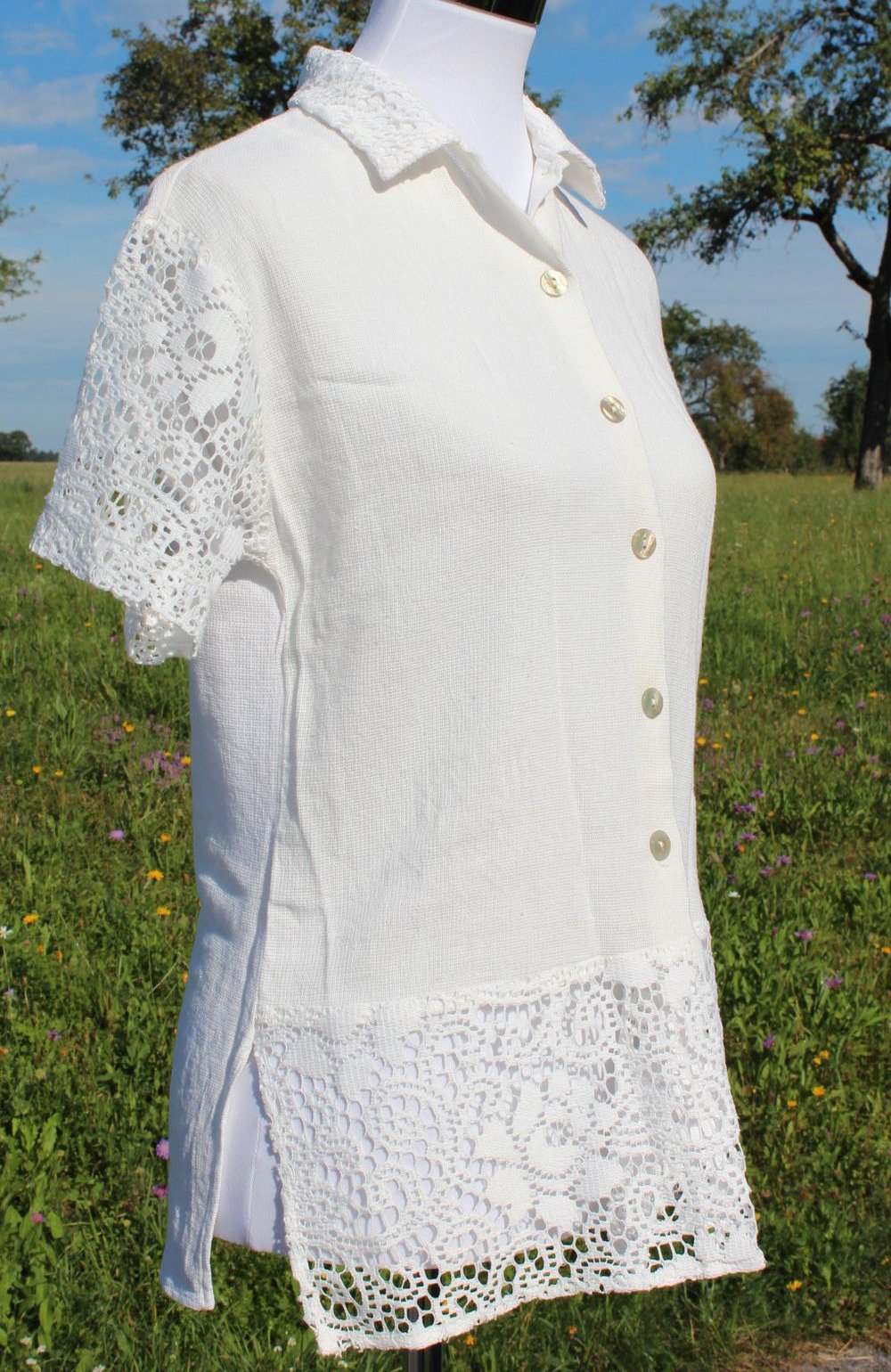 sommerliche weiße Vintage Bluse mit Spitze, ca. Größe 36-38, Boho, Ethno, Hippie