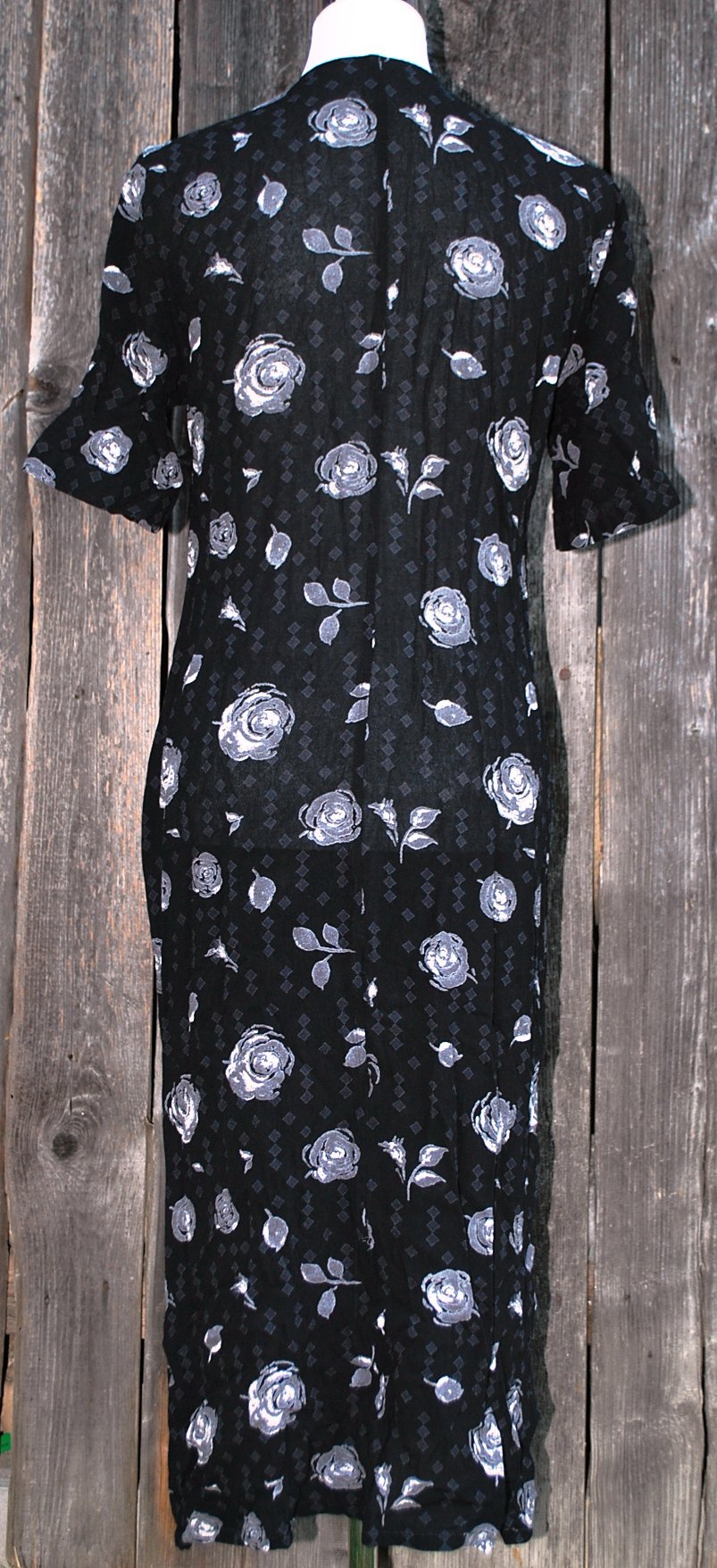 langes schwarz graues Vintagekleid mit Rosen und abstraktem Muster, Dibari, ca. Größe 40, 1990er