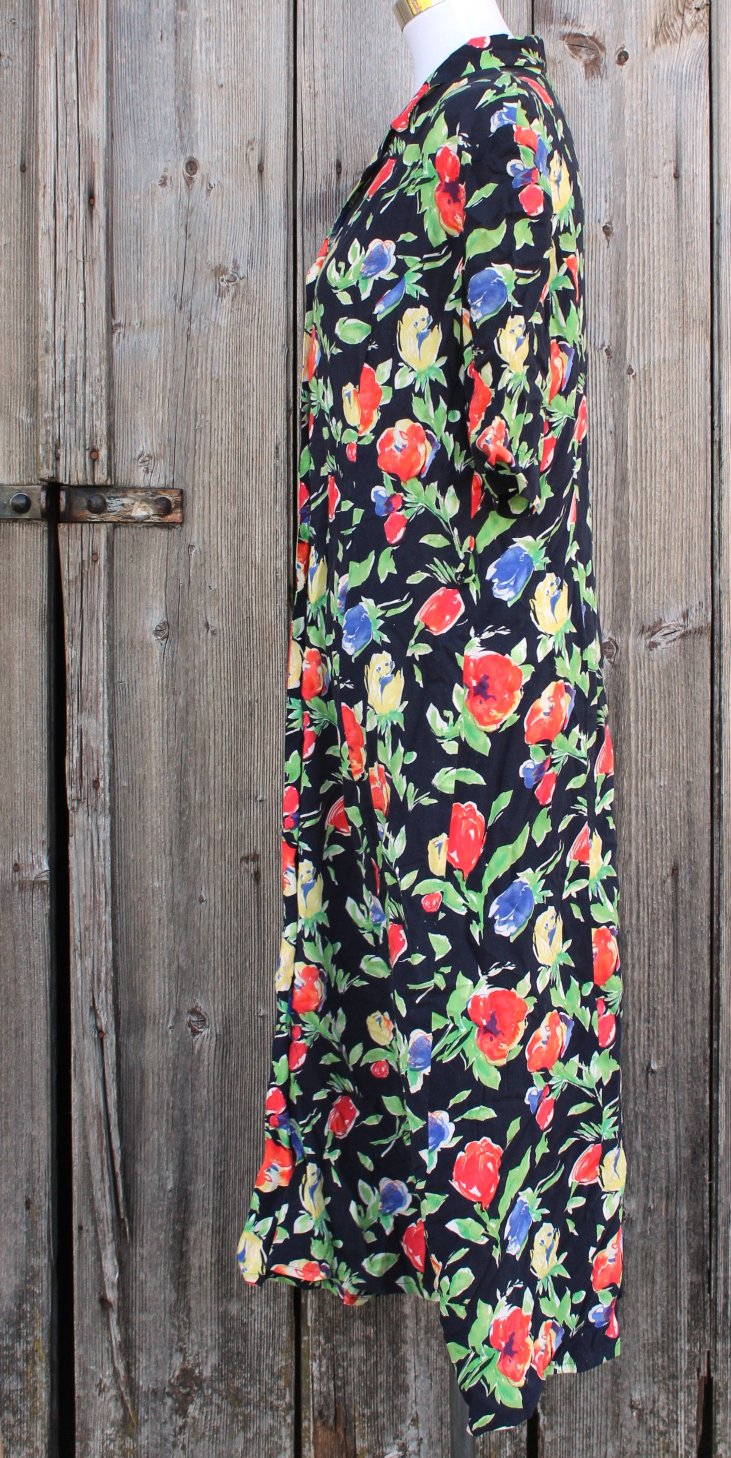 dunkelblaues True Vintagekleid, Midikleid mit Blumenmuster, Größe 44