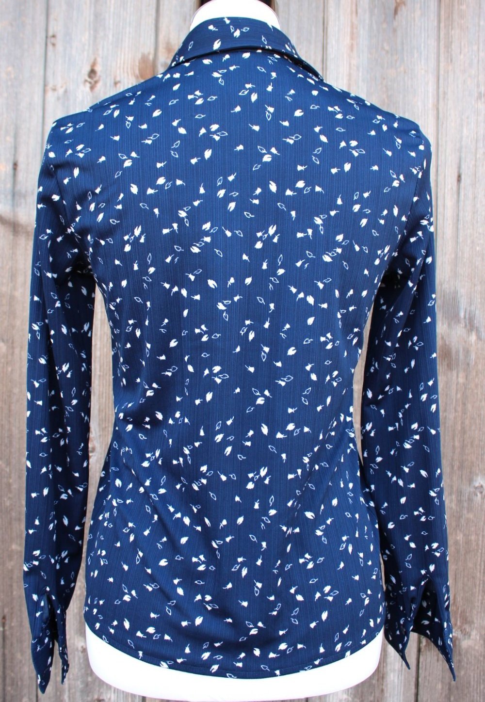 dunkelblaue True Vintage Bluse mit weißem Muster, Collection Catherine, ca. Größe 36-38