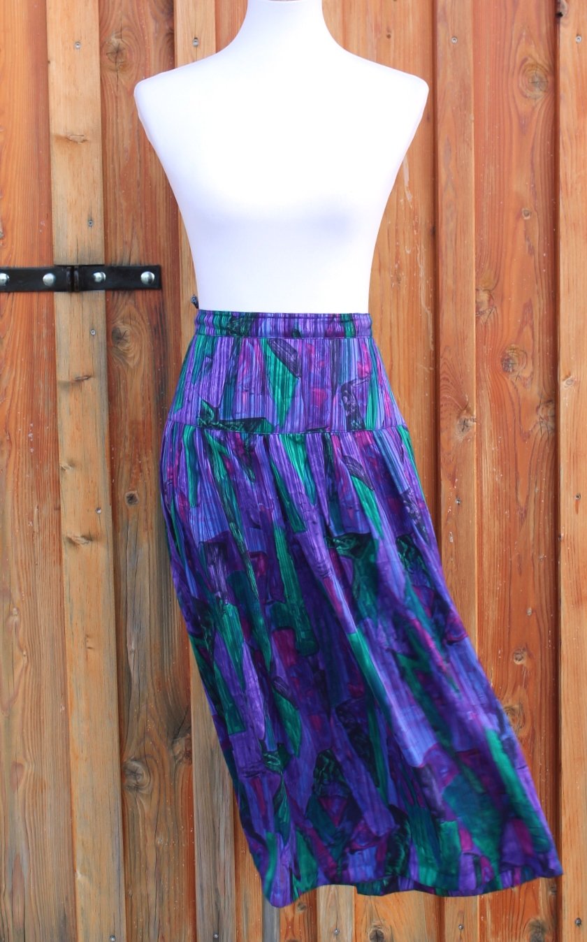 lila magenta türkiser True Vintagerock mit abstraktem Muster, Größe 46, 1980er, Eighties 