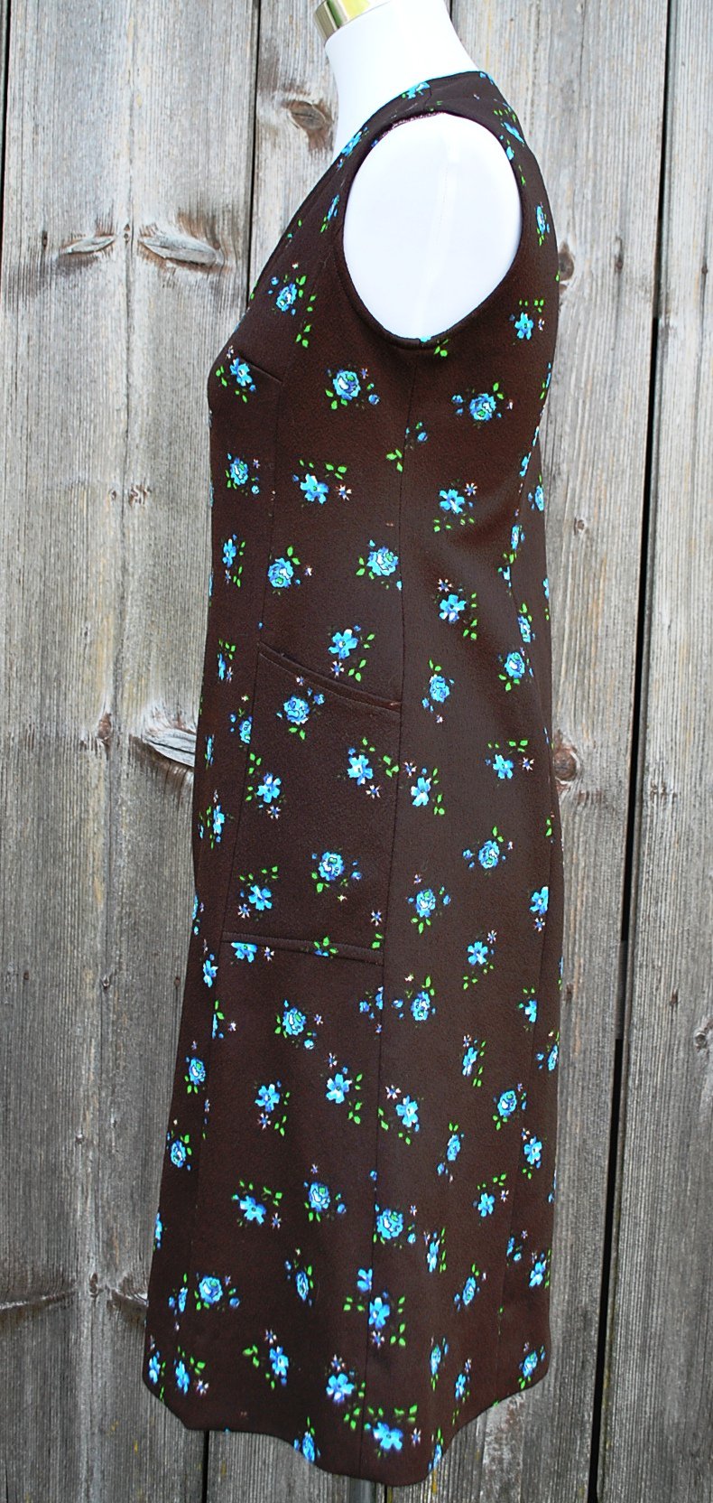 braunes kurzes True Vintage Kleid mit blauem Blumenmuster, ca. Größe 38-40, DIY Unikat