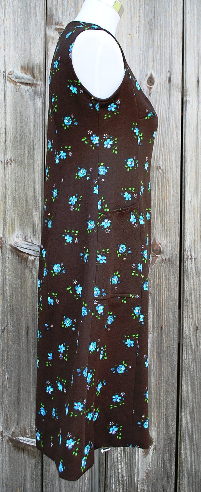 braunes kurzes True Vintage Kleid mit blauem Blumenmuster, ca. Größe 38-40, DIY Unikat