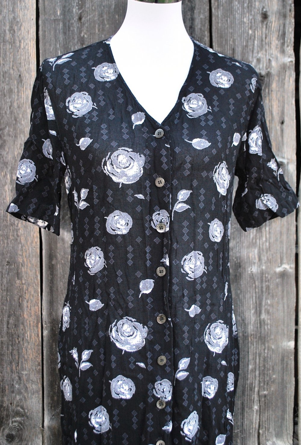 langes schwarz graues Vintagekleid mit Rosen und abstraktem Muster, Dibari, ca. Größe 40, 1990er