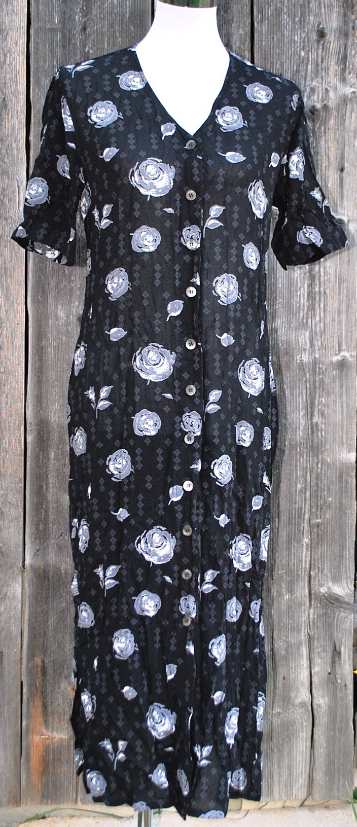 langes schwarz graues Vintagekleid mit Rosen und abstraktem Muster, Dibari, ca. Größe 40, 1990er