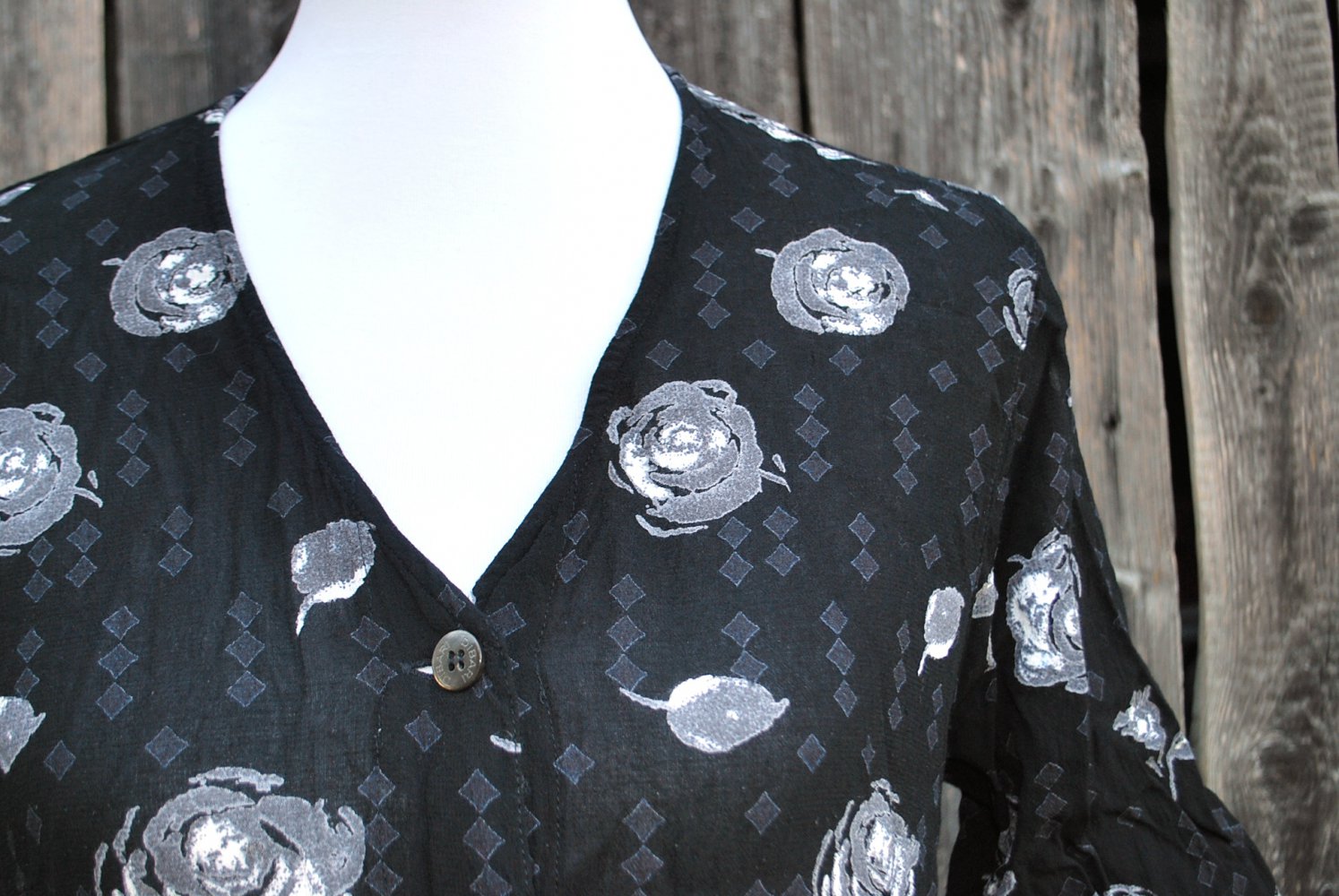 langes schwarz graues Vintagekleid mit Rosen und abstraktem Muster, Dibari, ca. Größe 40, 1990er