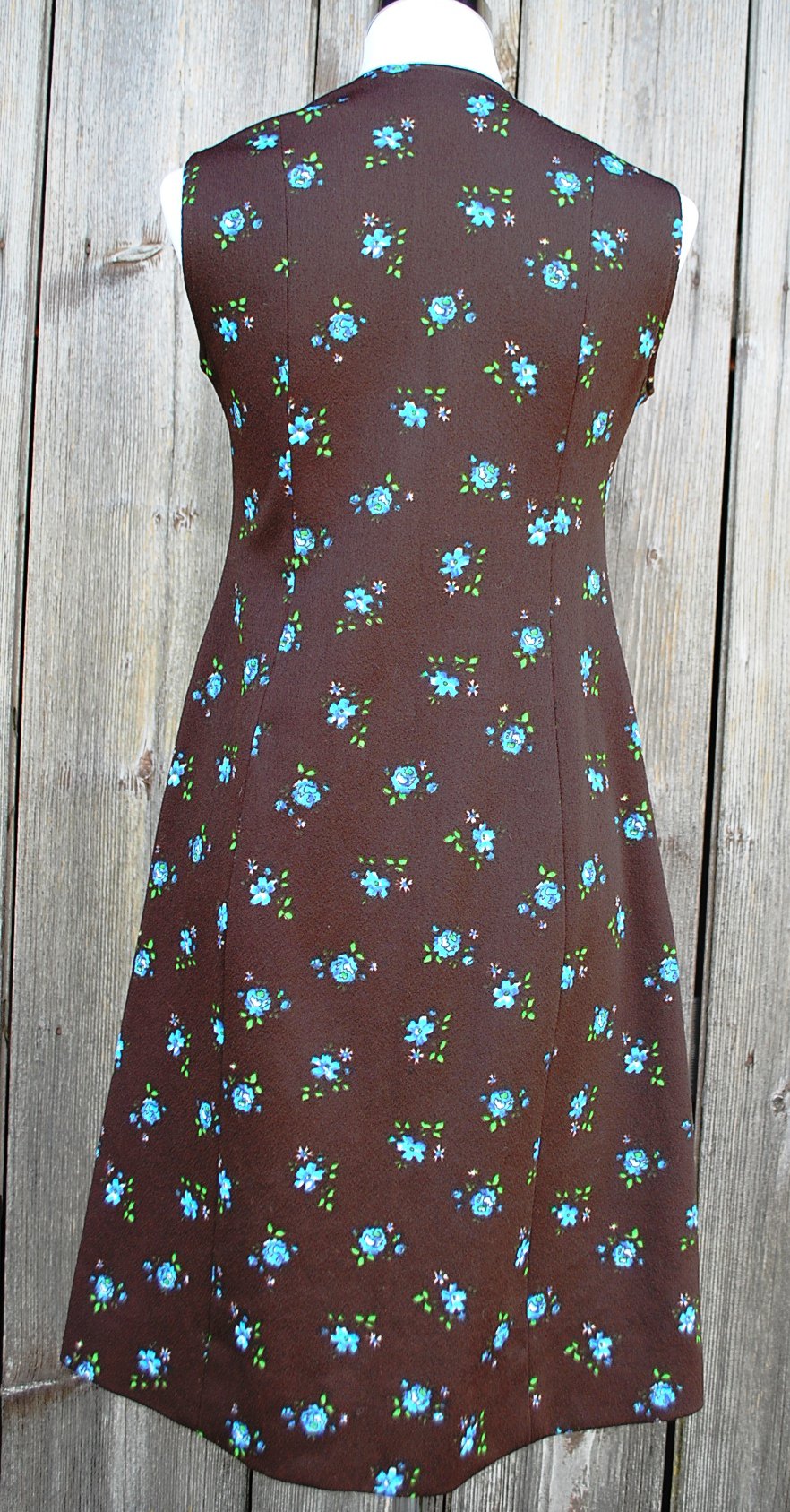braunes kurzes True Vintage Kleid mit blauem Blumenmuster, ca. Größe 38-40, DIY Unikat
