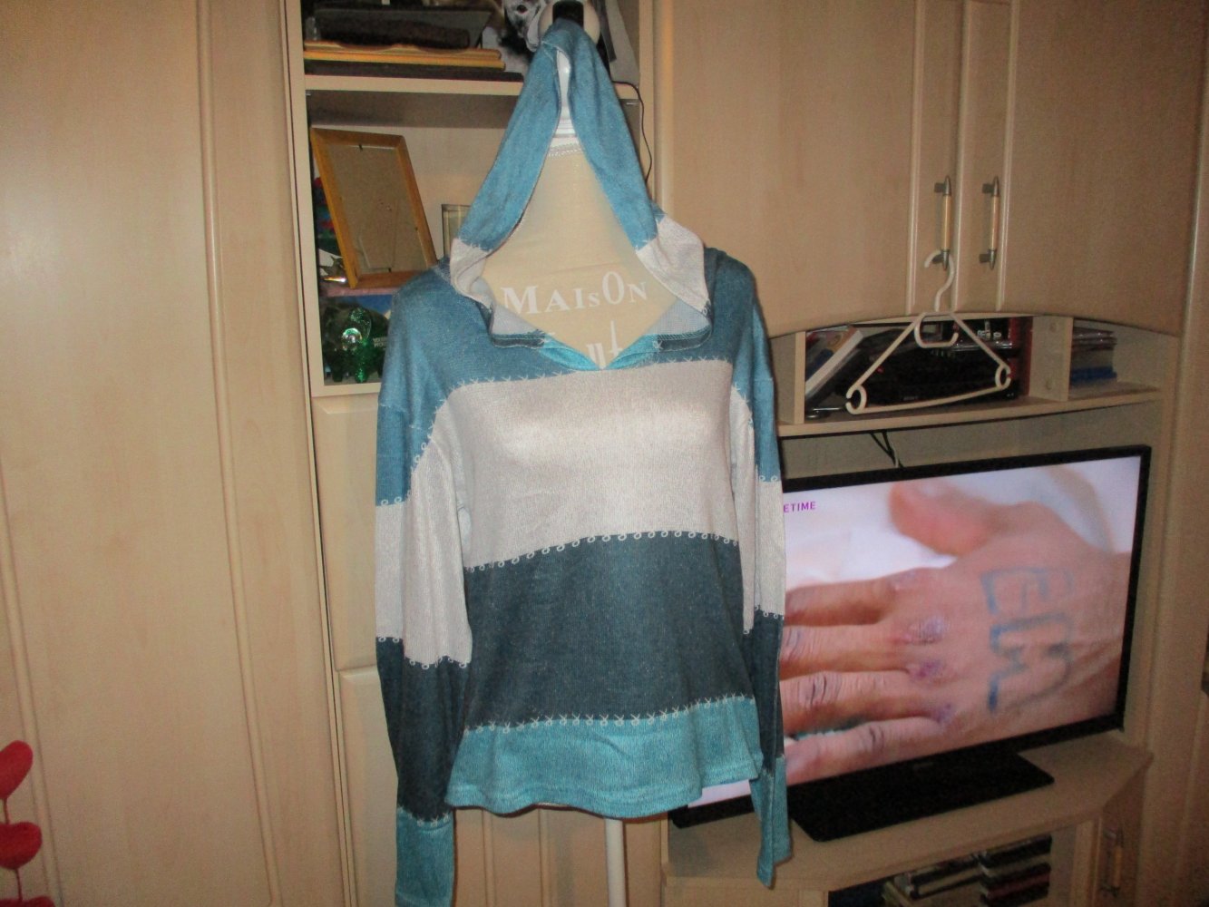 neu,dünnes ( sommer ) shirt,gr xl,baumwolle,kaputze,türkis,silber,langärmig