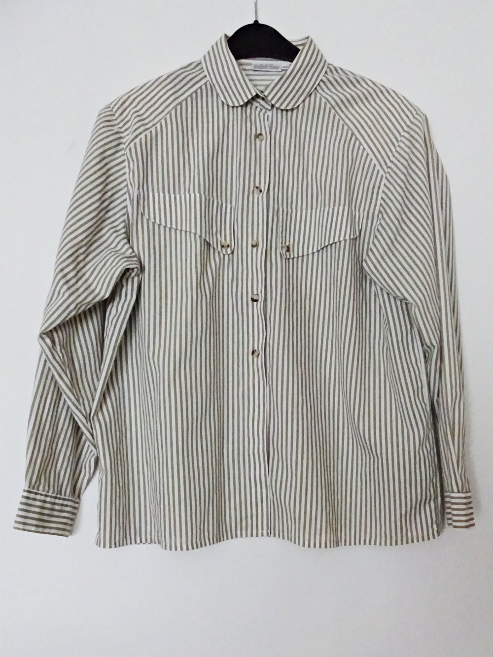 Vintage Bluse Weiß mit Braunen Streifen Bubikragen Schulterpolster 80er Gr. 40 Gr. 42 Gr. M Gr. 40/42