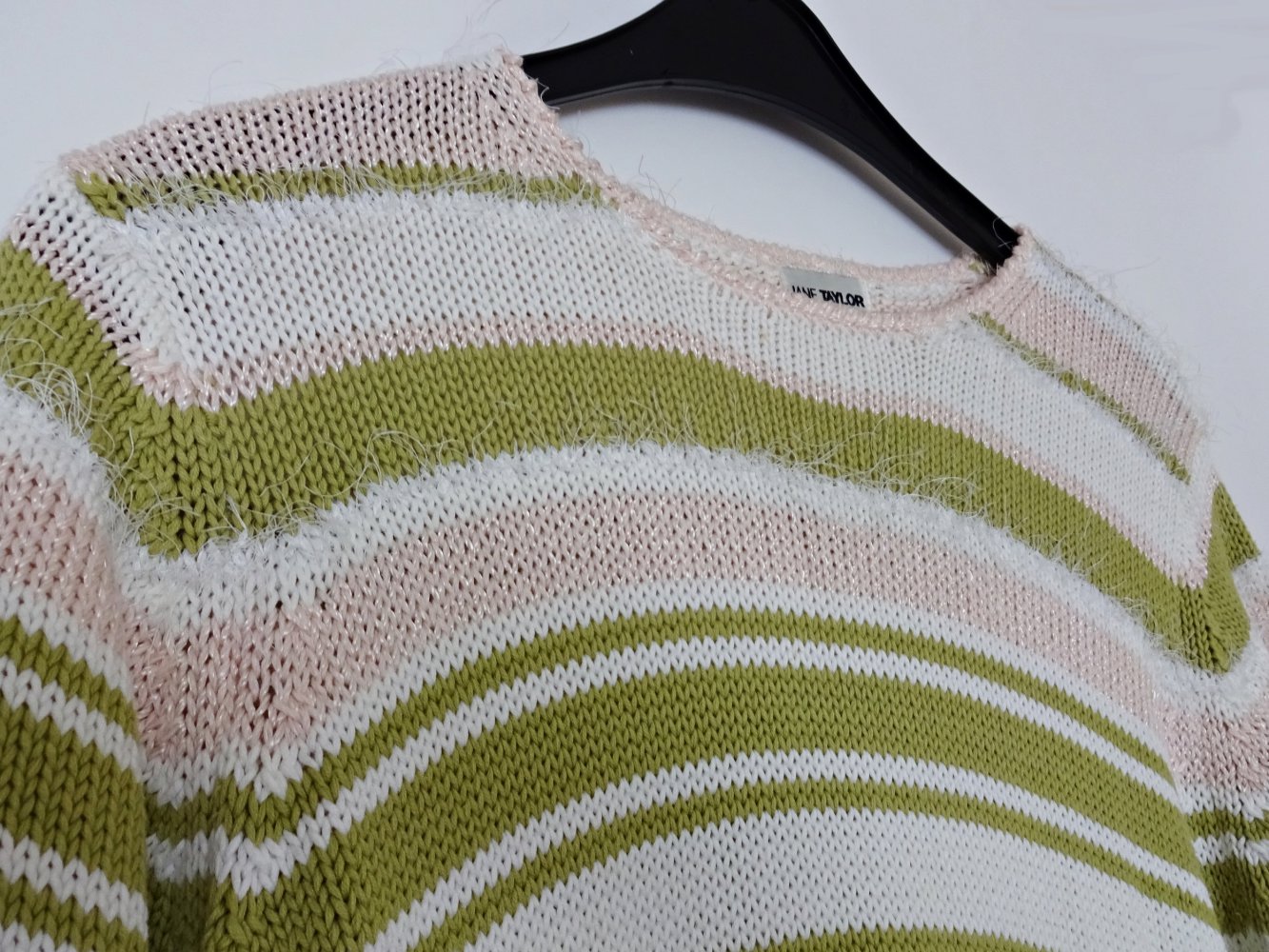 Gestreiftes Strickoberteil Rosa Grün Weiß Kurzarm Streifen Gr. 44 Gr. L