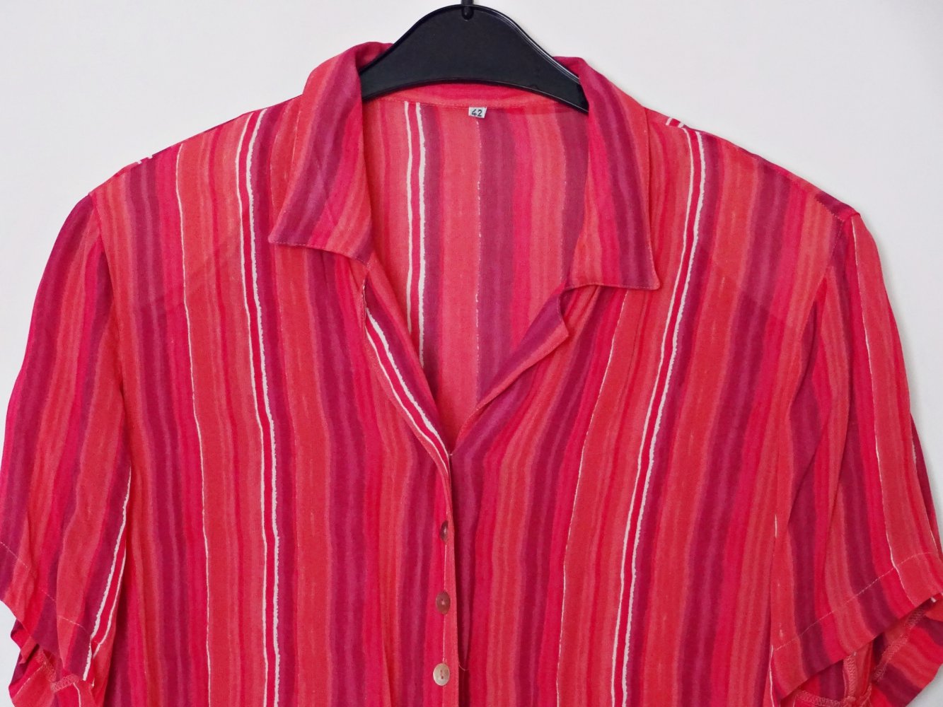 Pinke Chiffonbluse mit Streifen Vintage Schulterpolster 80er Gestreift Hemdbluse Kurzarm Gr. 42 Gr. M