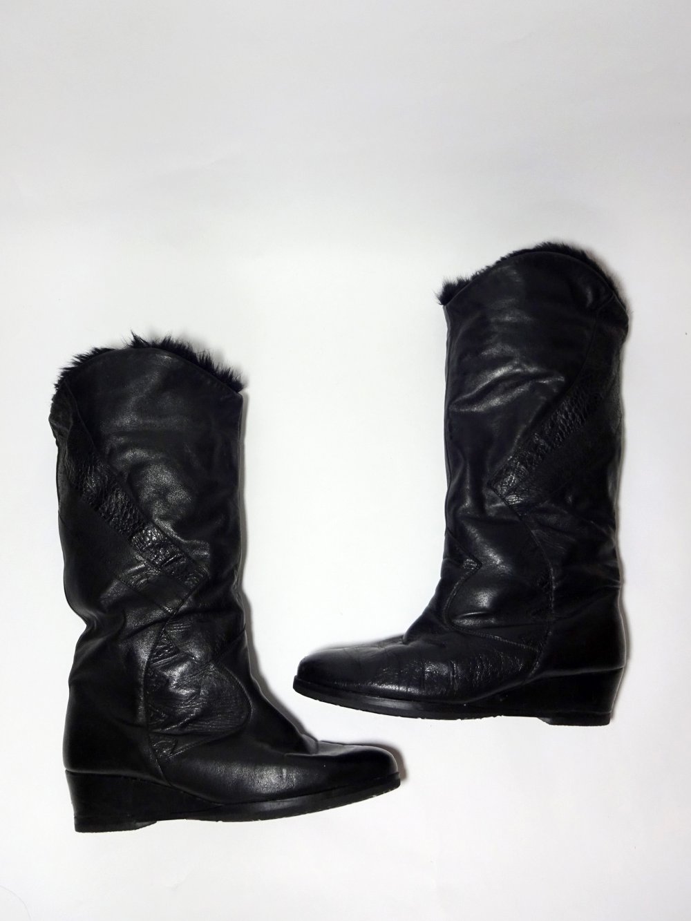 Schwarze Gefütterte Stiefel Winter Slouch Boots Teddyfutter Kunstfell Leder Gr. 6 1/2 Gr. 40