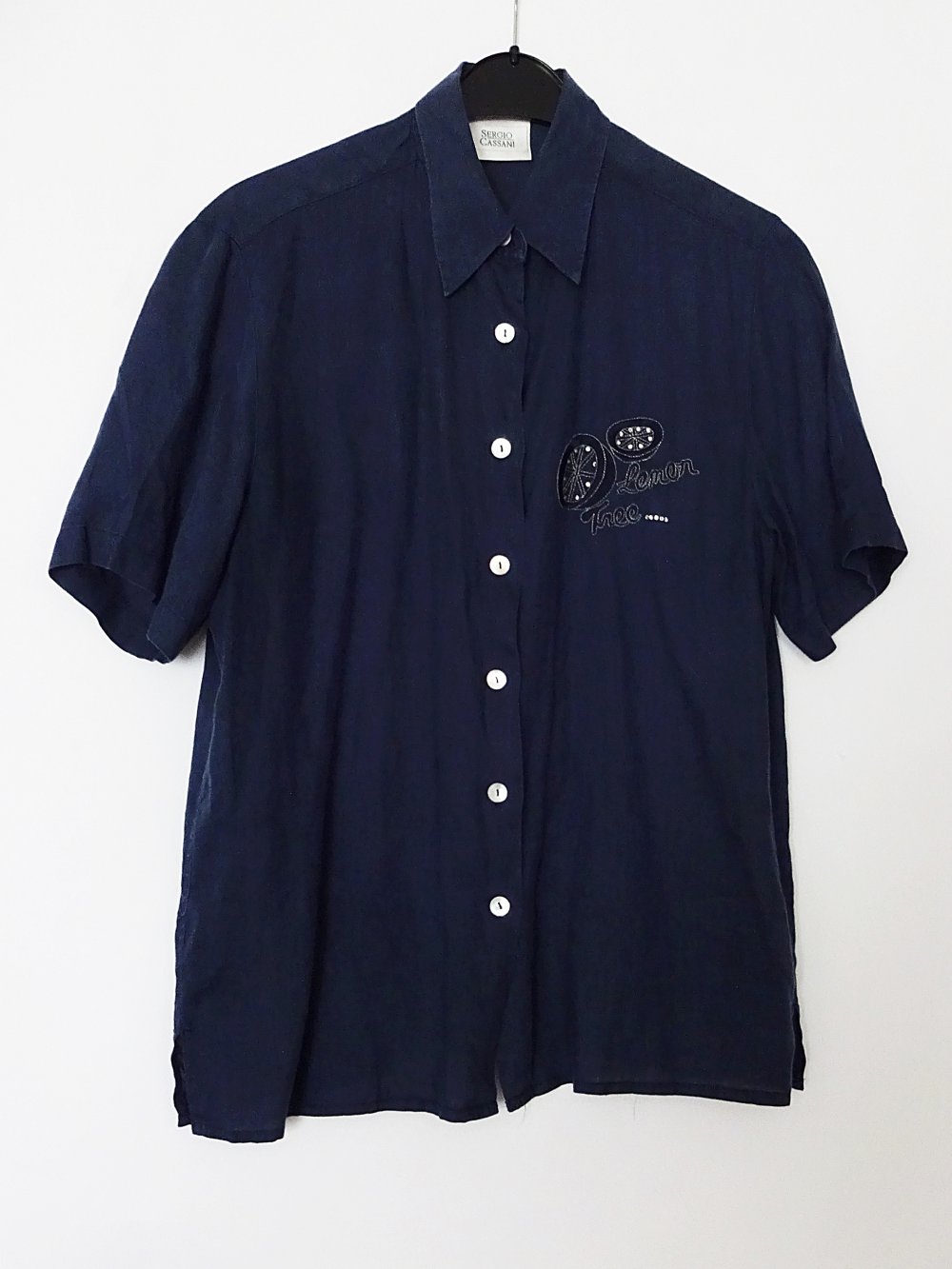 Dunkelblaue Hemdbluse Vintage 90er Glitzersteine Leinenbluse Leinenhemd Kurzarm Gr. M