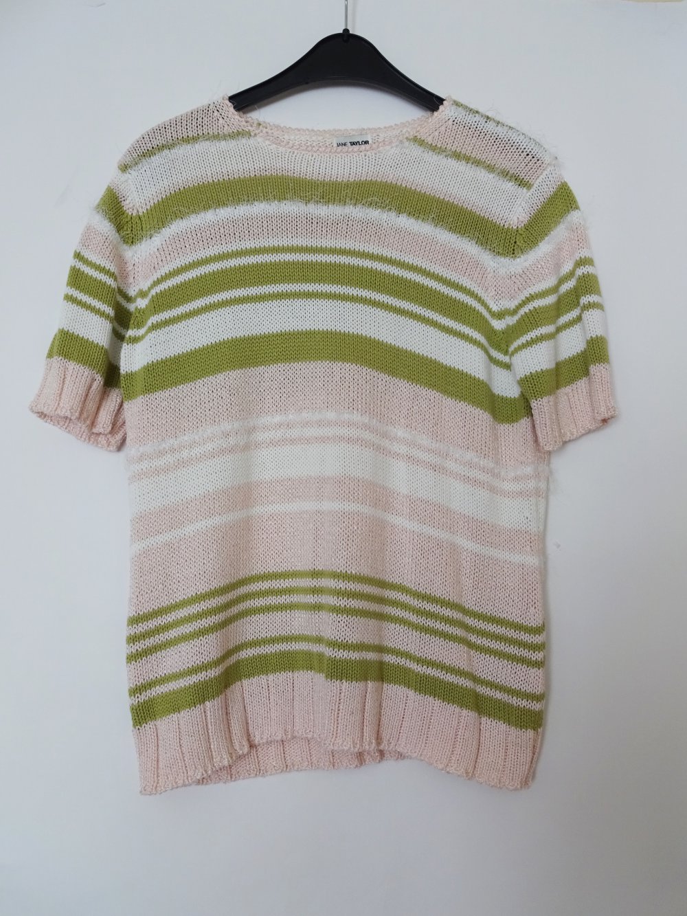 Gestreiftes Strickoberteil Rosa Grün Weiß Kurzarm Streifen Gr. 44 Gr. L