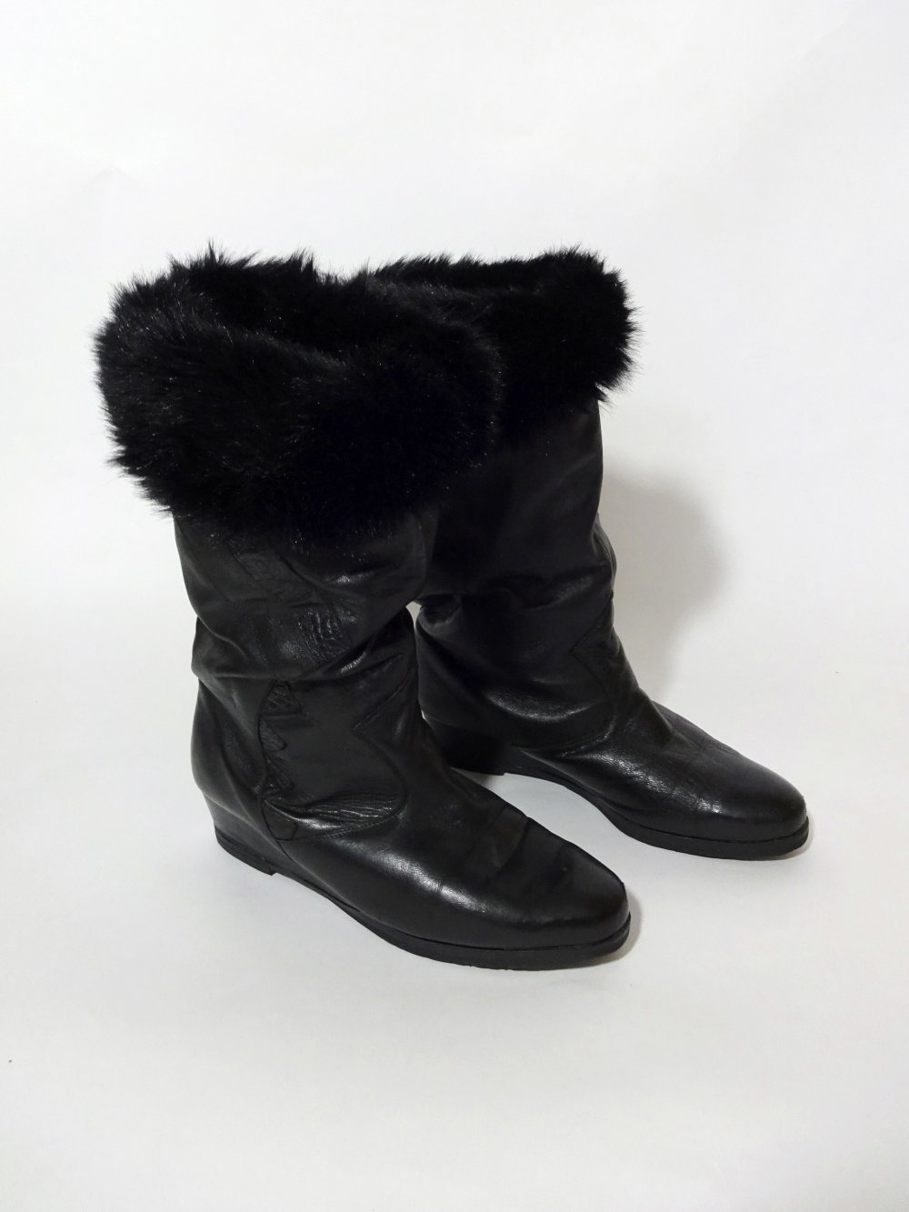 Schwarze Gefütterte Stiefel Winter Slouch Boots Teddyfutter Kunstfell Leder Gr. 6 1/2 Gr. 40