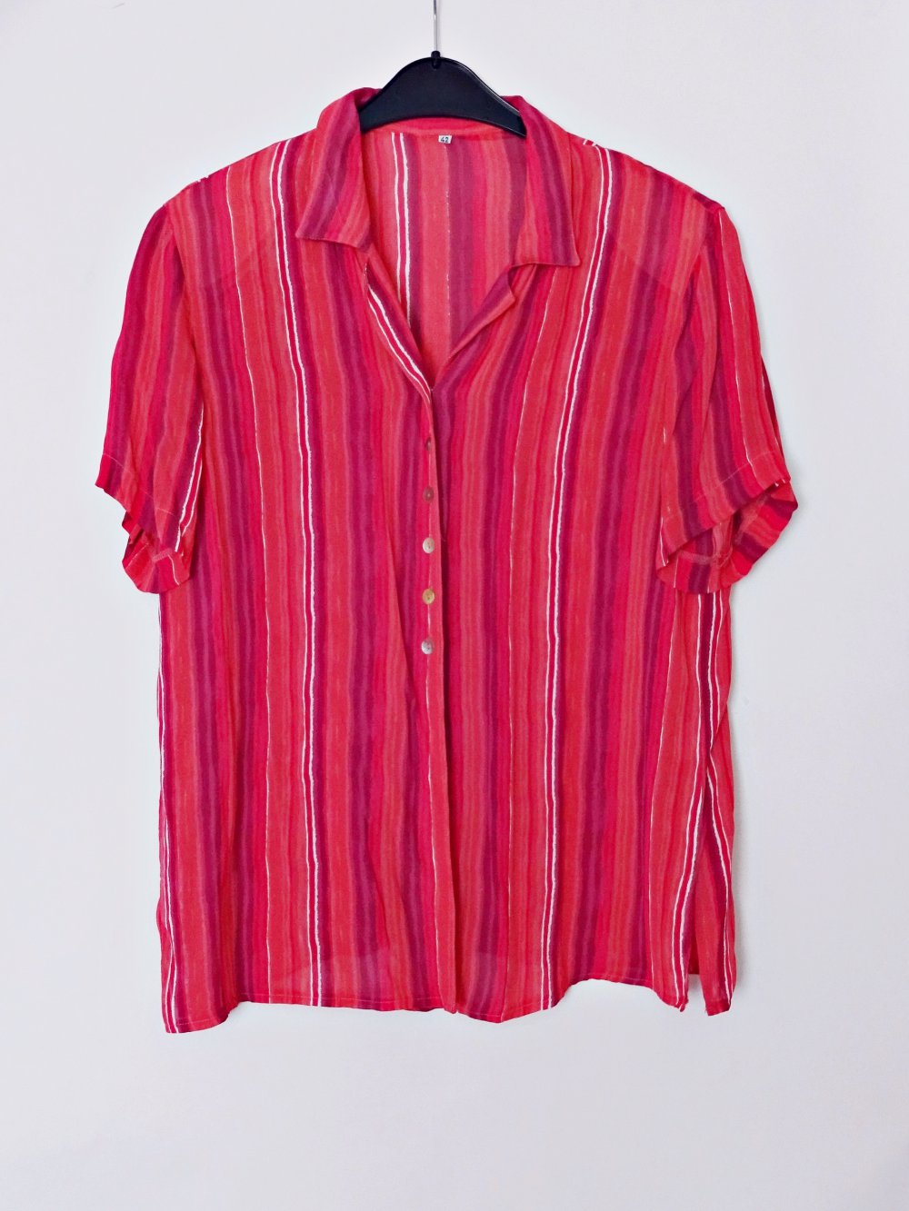 Pinke Chiffonbluse mit Streifen Vintage Schulterpolster 80er Gestreift Hemdbluse Kurzarm Gr. 42 Gr. M