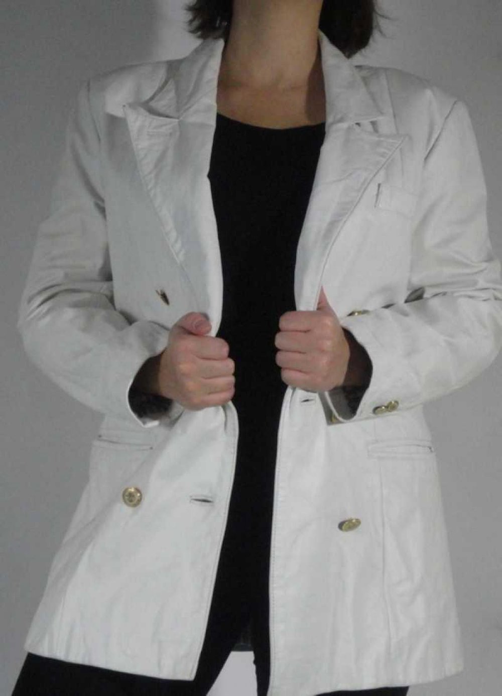 Weiße Lederjacke mit Schulterpolstern Vintage 80er Gr. 38 Gr. S