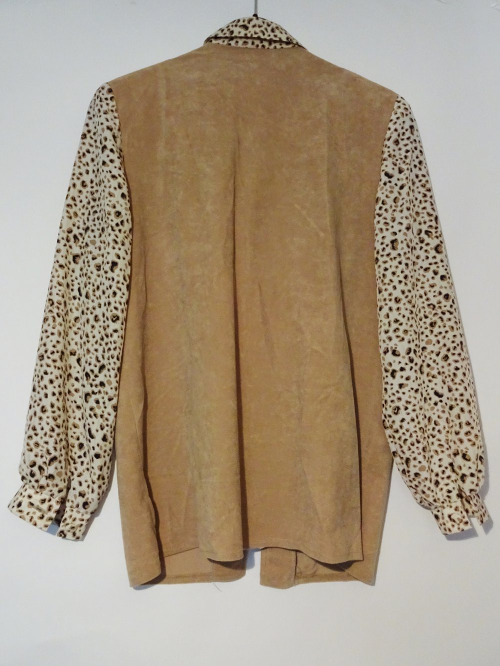 Beige Vintage Bluse mit Weste Animalprint Leomuster Leopard Schulterpolster Gr. 40 Gr. M