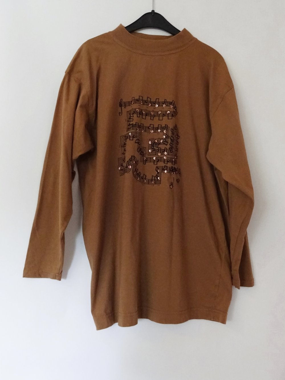 Braunes Oberteil mit Pailletten Noten Musiknoten Langarm Sweatshirt Gr. 40 Gr. 42 Gr. M Gr. 40/42