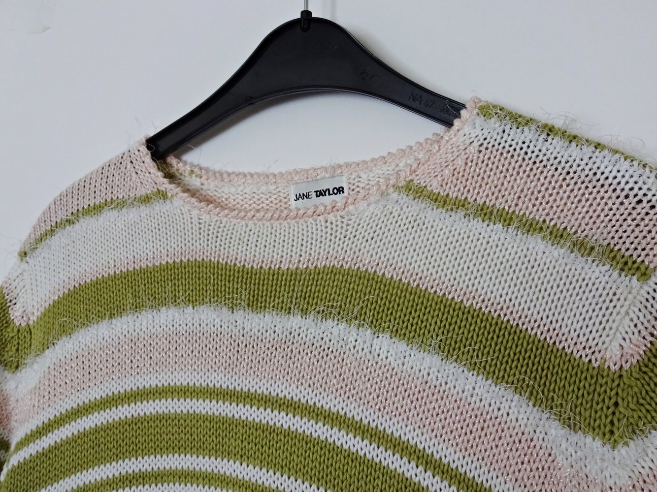 Gestreiftes Strickoberteil Rosa Grün Weiß Kurzarm Streifen Gr. 44 Gr. L