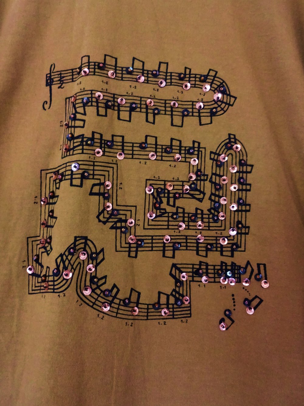 Braunes Oberteil mit Pailletten Noten Musiknoten Langarm Sweatshirt Gr. 40 Gr. 42 Gr. M Gr. 40/42