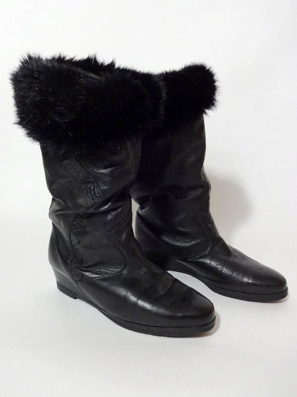 Schwarze Gefütterte Stiefel Winter Slouch Boots Teddyfutter Kunstfell Leder Gr. 6 1/2 Gr. 40