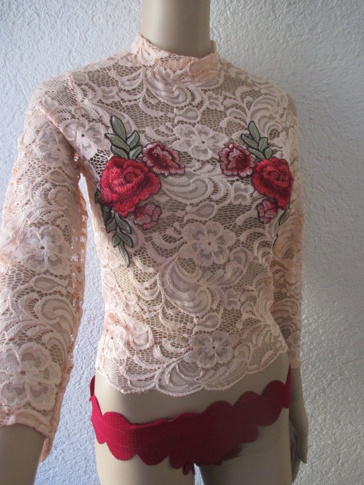 NEU * Romantik- Rosen * Blüten * Applikations- Stickerei * Lace- Spitzen * Langarm * Longsleeve * Kurz * Corp Top * Bodycon * Blusen * T- Shirt 