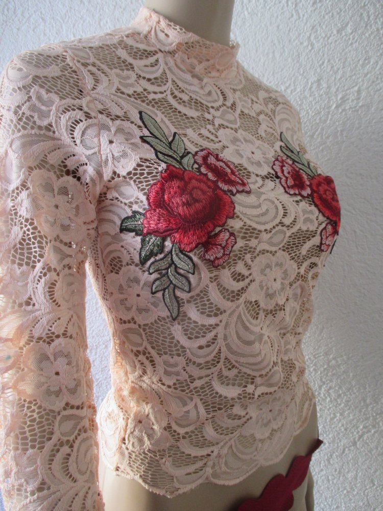 NEU * Romantik- Rosen * Blüten * Applikations- Stickerei * Lace- Spitzen * Langarm * Longsleeve * Kurz * Corp Top * Bodycon * Blusen * T- Shirt 