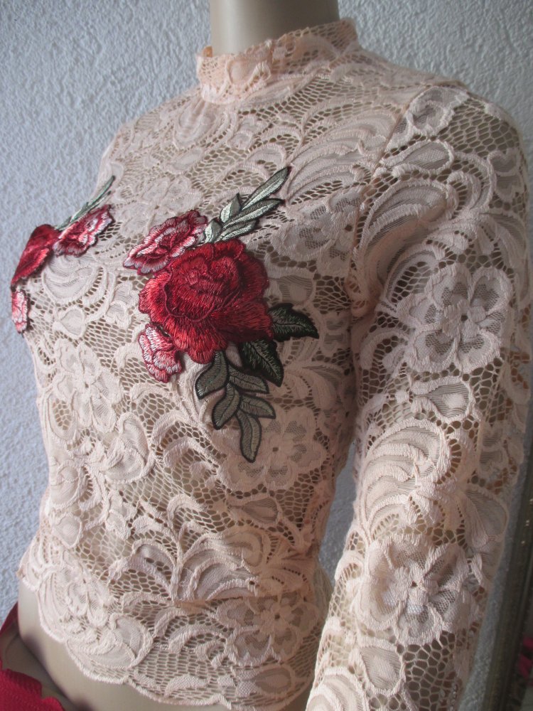NEU * Romantik- Rosen * Blüten * Applikations- Stickerei * Lace- Spitzen * Langarm * Longsleeve * Kurz * Corp Top * Bodycon * Blusen * T- Shirt 