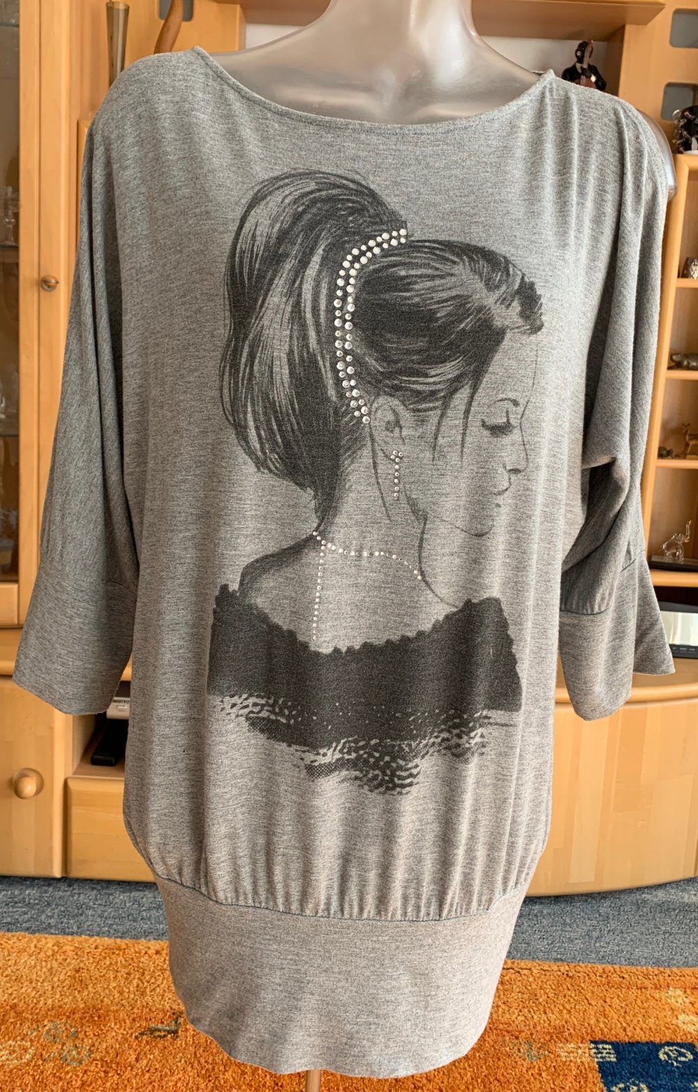 Damen Shirt Tunika Jersey mit Glitzer Gr.M Grau-Schwarz Orsay NW 