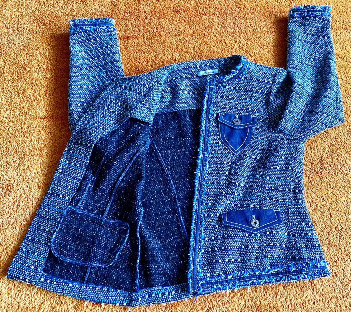 Damen Jacke Blazer Bouclé Fransenjacke Gr.38 Blau/Weiß von Steilmann NW