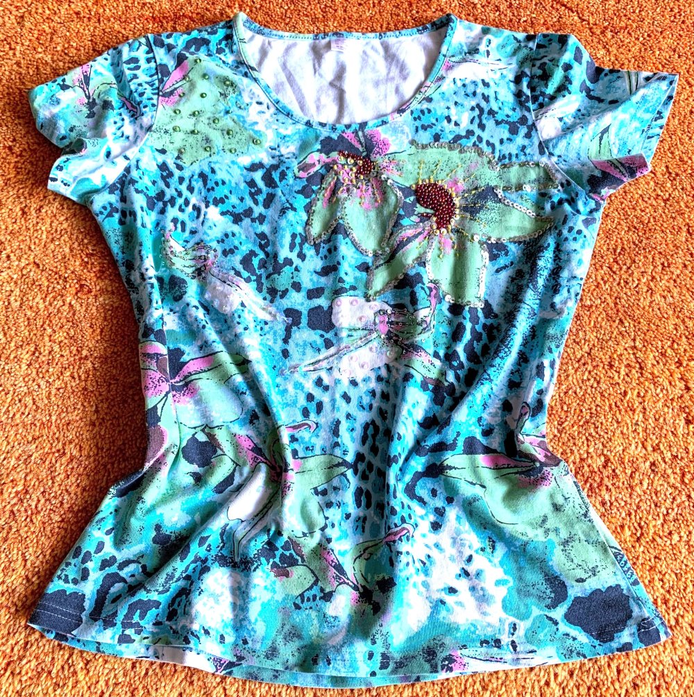 Damen Shirt Gr.36 Bunt gemustert mit Pailletten Blumenprint Romantisch