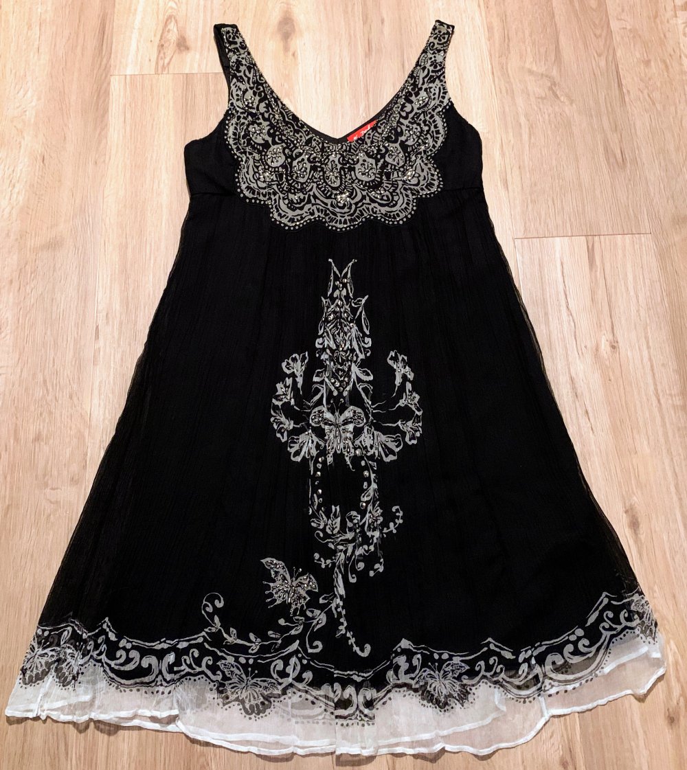 Damen Kleid Sommer mit Trägern Empire-Stil Gr.S Schwarz/Creme gemustert Derhy 