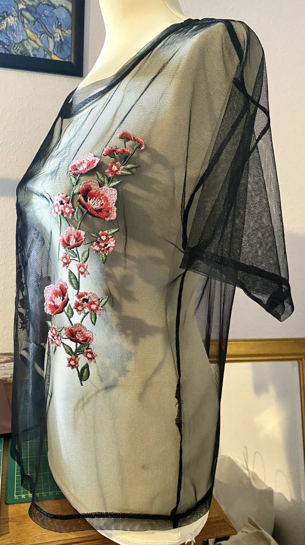 Damen Shirt SEXY Bluse Spitze transparent Gr.S schwarz geblümt NW