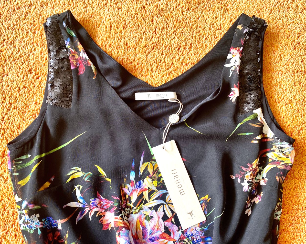 NEU Damen Sommer Kleid mit Trägern Gr.36 Zipfelig Schwarz/Bunt von Monari P.119,99€
