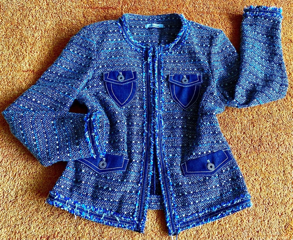Damen Jacke Blazer Bouclé Fransenjacke Gr.38 Blau/Weiß von Steilmann NW