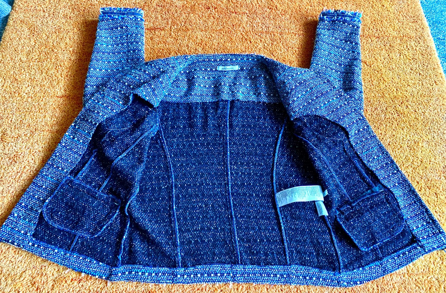 Damen Jacke Blazer Bouclé Fransenjacke Gr.38 Blau/Weiß von Steilmann NW