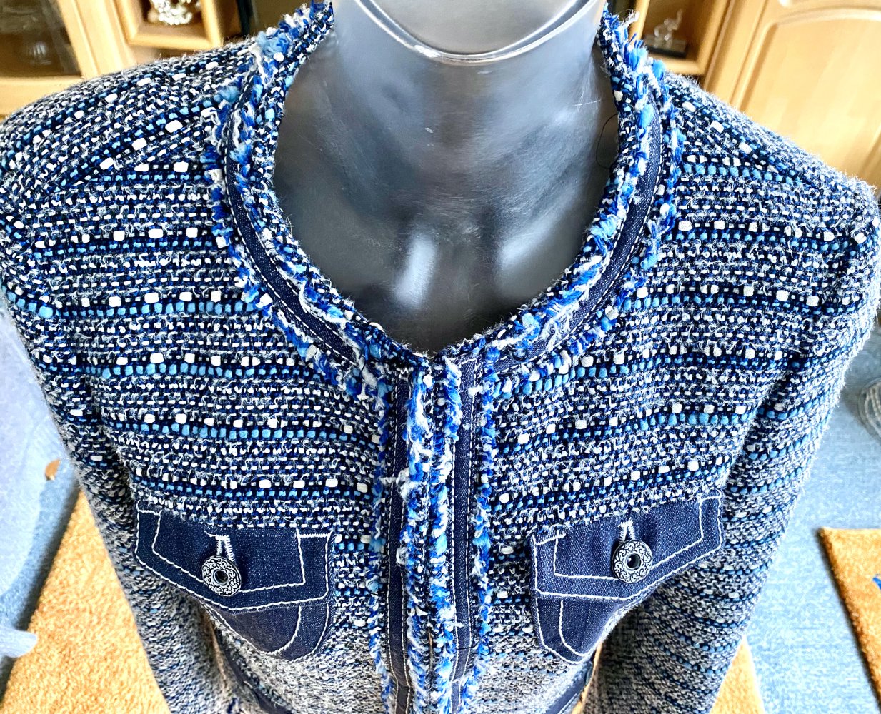 Damen Jacke Blazer Bouclé Fransenjacke Gr.38 Blau/Weiß von Steilmann NW